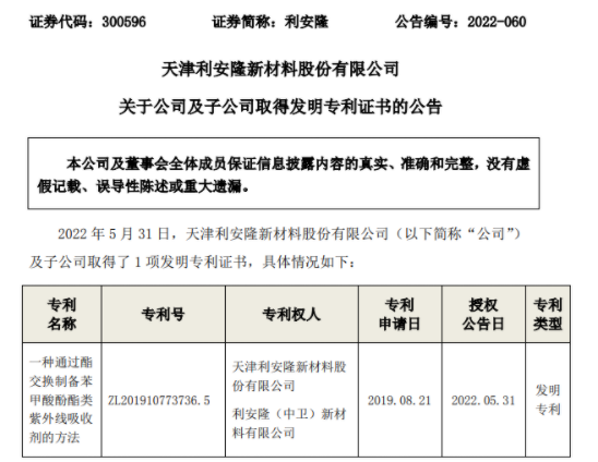 利安隆及子公司再取得1項(xiàng)發(fā)明專利證書